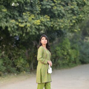 Lime Green Floral Stitched Kurti